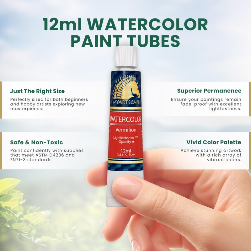 MyArtscape Watercolor Paint Set - 24 x 12ml Tubes - Lightfast - Vibrant Colors - Excellent Transparency - Kit for Vivid Watercolors Painting - Professional Artist Paint Supplies - Image 4